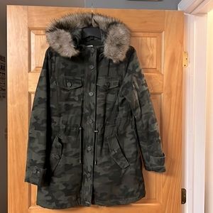 BCBG army fatigue women Parker coat with fur hood